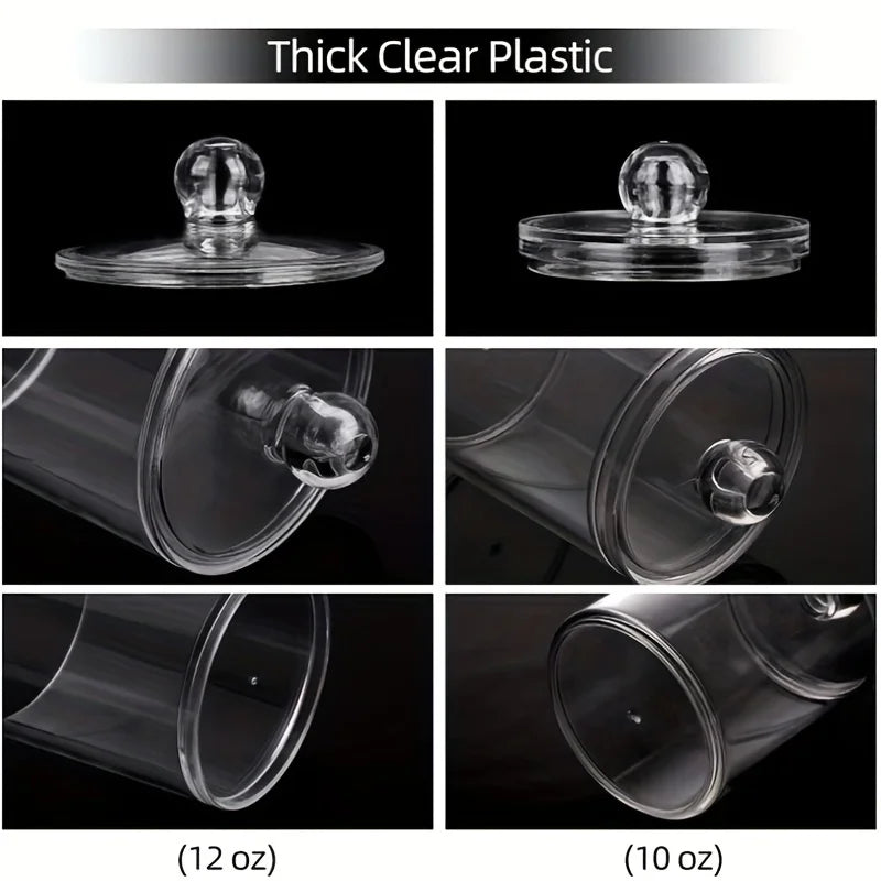 4 Pack Qtip Holder 12 oz, 10 oz Restroom Bathroom Organizers and Storage Containers, Clear Plastic Apothecary Jars with Lids Peaceful Pleasures Health and Wellness