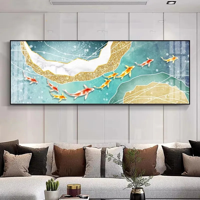Large Wall Decorative Painting on Canvas Chinese Style Koi Poster Nine Fish Illustration Feng Shui Carp Lotus Pond Home Decor Peaceful Pleasures Health and Wellness ZLH3498 80x240cm Unframed