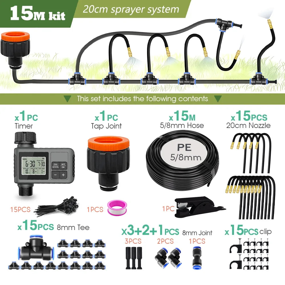 360° Free-bend Misting Nozzle Garden Programmable Timer Misting Cooling System Adjustable Atomizer Sprayer Outdoor Watering Kits Peaceful Pleasures Health and Wellness 15M kit-Timer