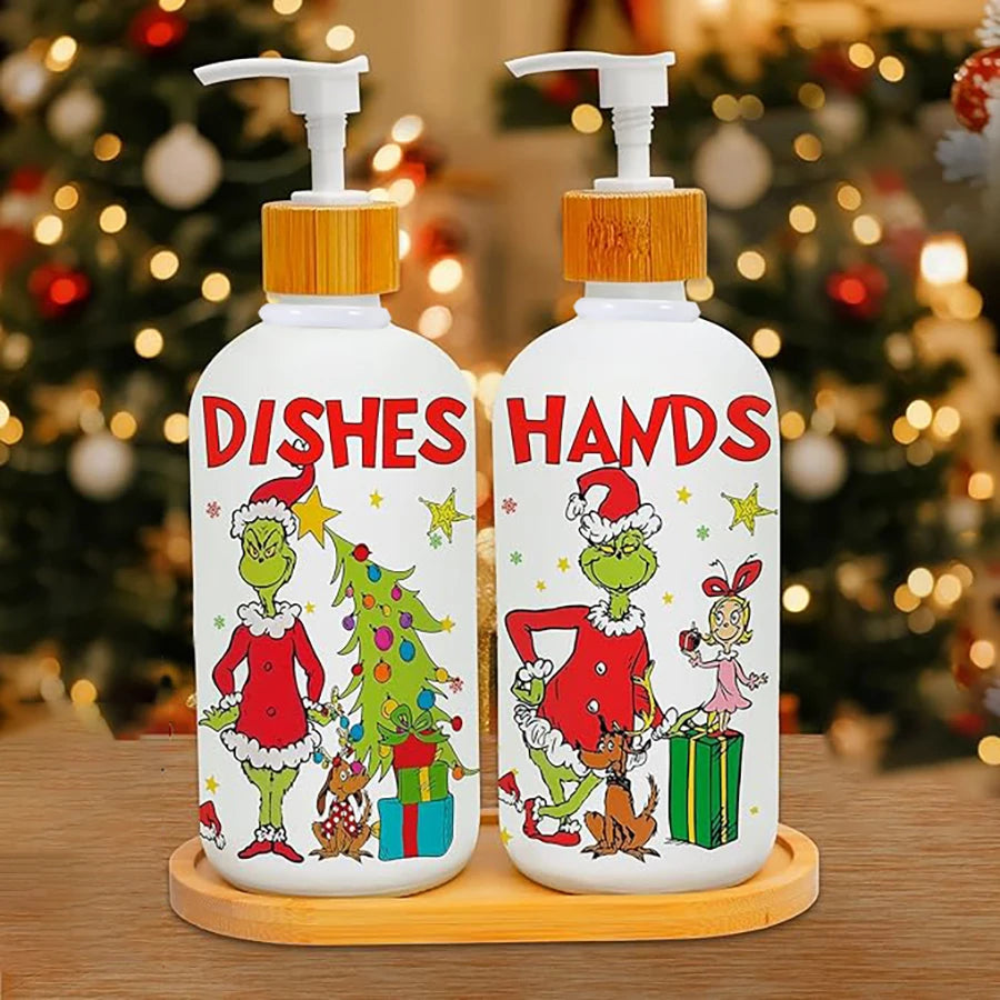 2-Piece Christmas Soap Dispenser Set with Pump & Tray – Refillable Holiday Hand Soap Bottles