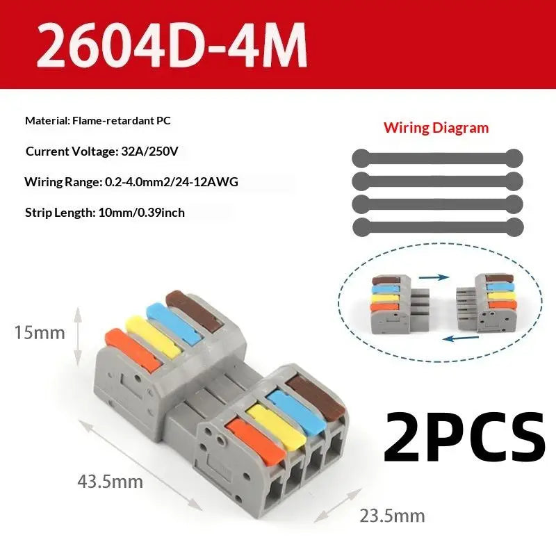 2/4Pcs Universal Compact Electrical Wiring Connectors Push-in Butt Conductor Terminal Block Docking Mini Quick Wire Connector Peaceful Pleasures Health and Wellness 2604D 5M 2pcs