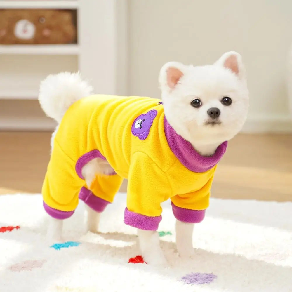 Bear Pattern Plush Dog Jumpsuit | Warm 4-Leg Pet Pajamas