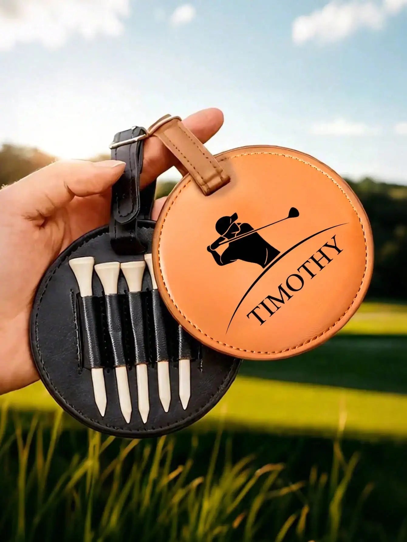 Custom Name Leather Golf Bag Tag Golf Tee Holder Personalized Golf Gift for Dad Boyfriend Groomsman Black Brown Golf Accessories Peaceful Pleasures Health and Wellness