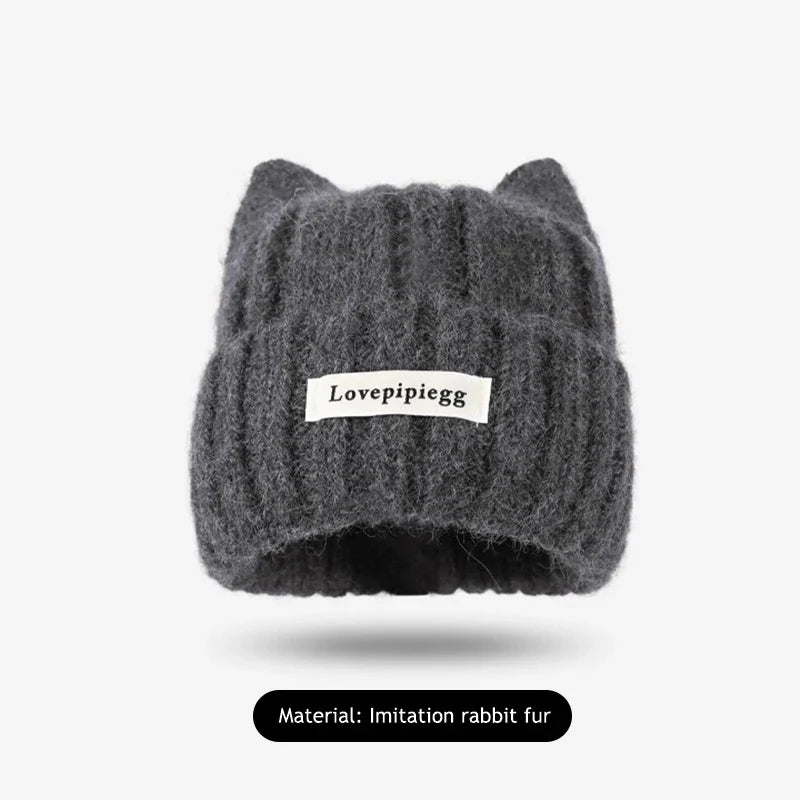 Cat Ear Knitted Beanie – Korean Style Winter Hat for Women