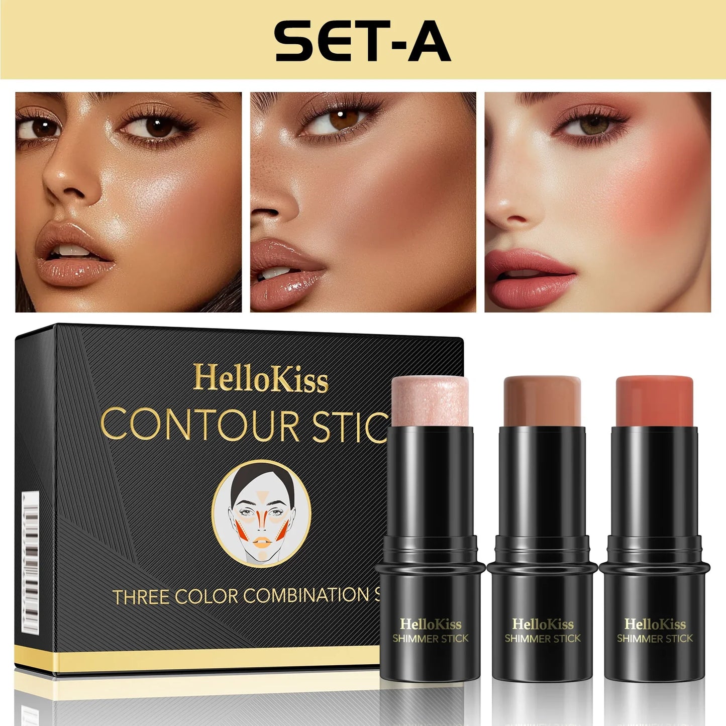 Hello Kiss 4-Piece Cream Contour Kit – Highlight, Blush & Brush