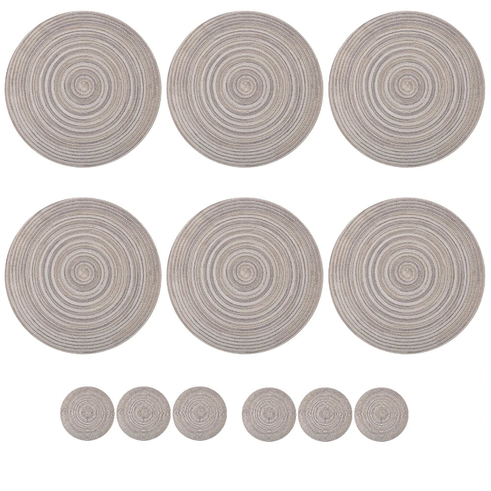 12pcs Round Braided Table Mat Washable Placemats Anti Slip Dining Tableware Bowl Pads Home Kitchen Decor Drink Cup Pad Coasters Peaceful Pleasures Health and Wellness Light Gray 12xMat 12xCoaster