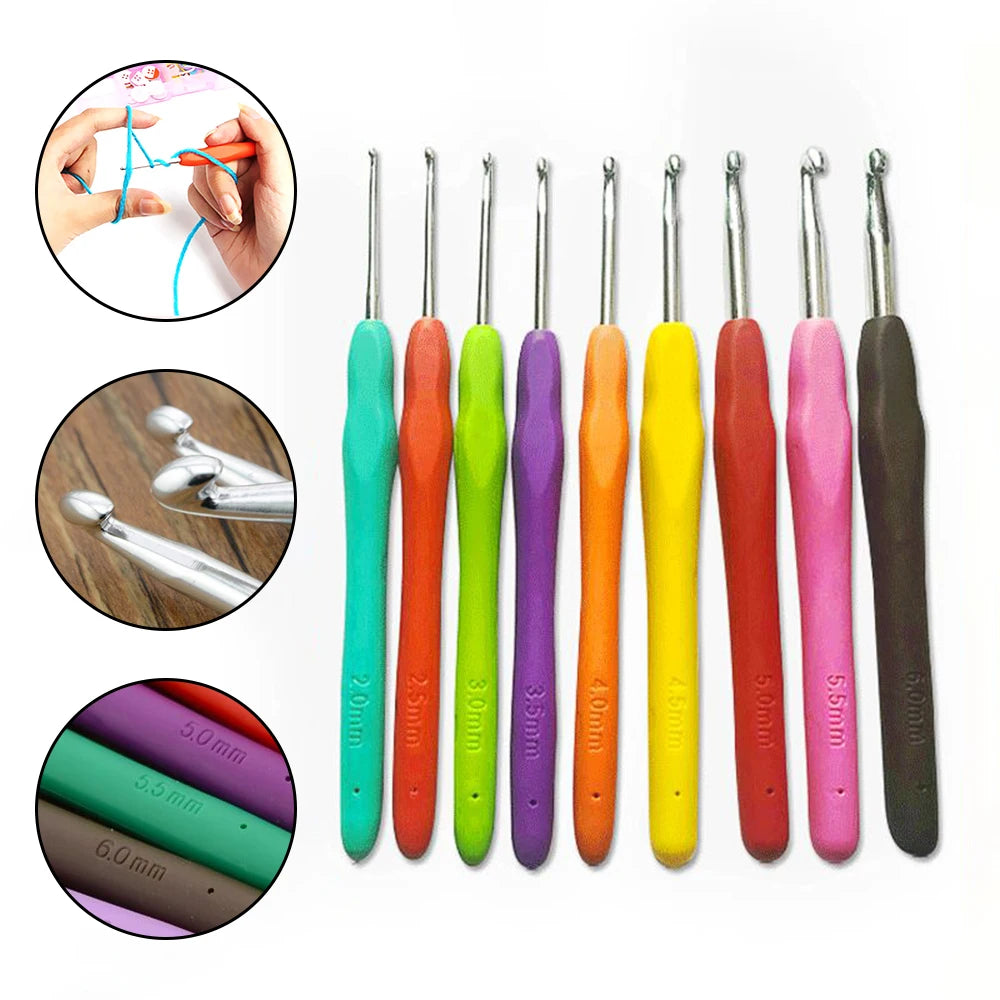 Tpr Crochet 2.0-6.0mm 9-Piece Soft Handle Crochet Hand Woven Rainbow Soft Handle Crochet Aluminum Crochet Set Knitting Needle Peaceful Pleasures Health and Wellness