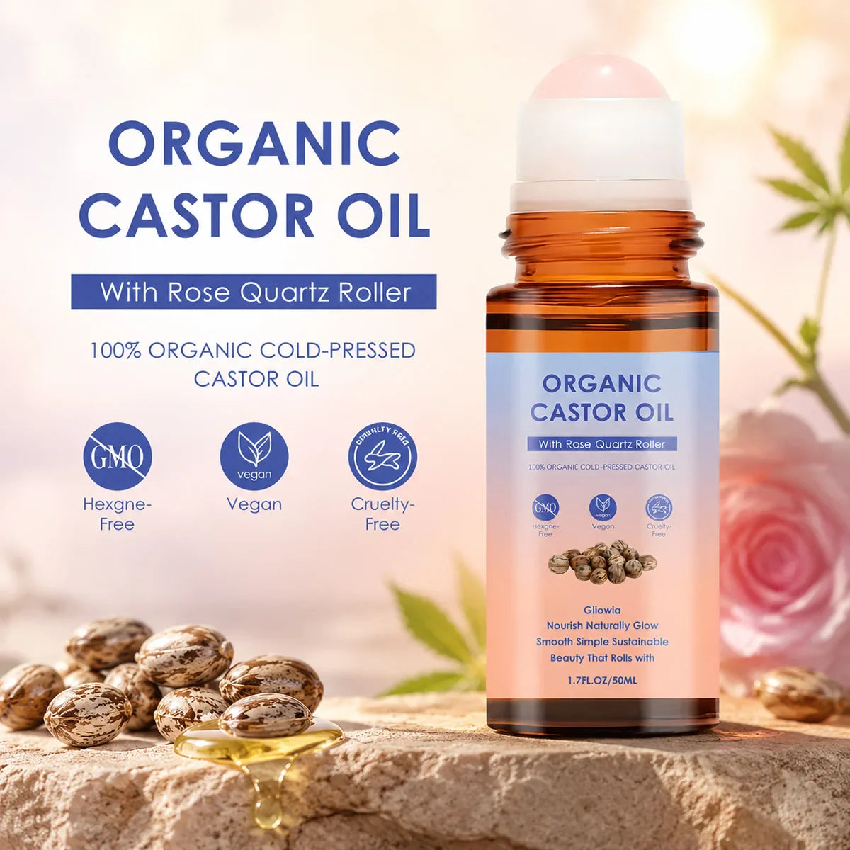 Organic Castor Oil Rose Quartz Roller Ball | Pure Cold-Pressed 50ml