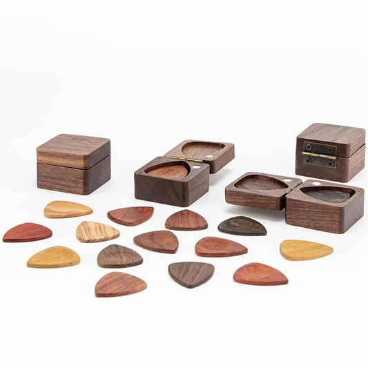 Wooden Guitar Picks Box Pick Storage Walnut Square Gift-box Musical Peaceful Pleasures Health and Wellness