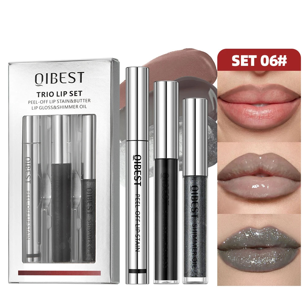 QIBEST 3pcs Multifunctional Makeup Sets Peel Off Lip Stain,Lip Glaze,Shimmer Lip Oil Long Lasting Lip Gloss Tint Cosmetics Kits Peaceful Pleasures Health and Wellness SET 06