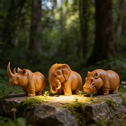 Handmade Wood Carving Animal Figurines – Rhino, Hippo, Elephant Wood Animal Figurine Peaceful Pleasures Health and Wellness