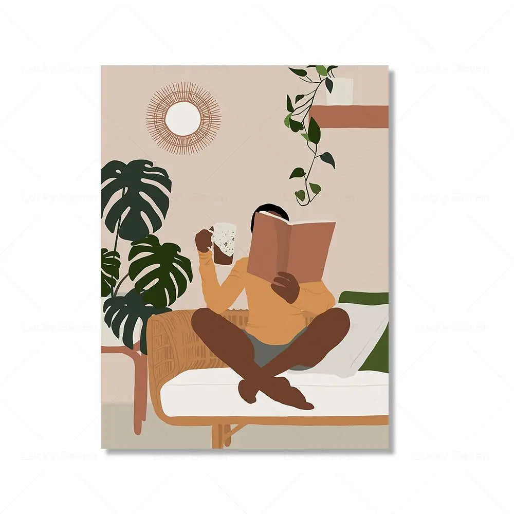 African Woman Reading Canvas Wall Art | Black Girl Poster