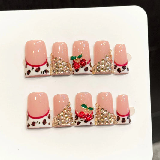 Press On Nails French Leopard Duckbill 3D Cherry Rhinestones 10pcs Press-On Nails Peaceful Pleasures Health and Wellness