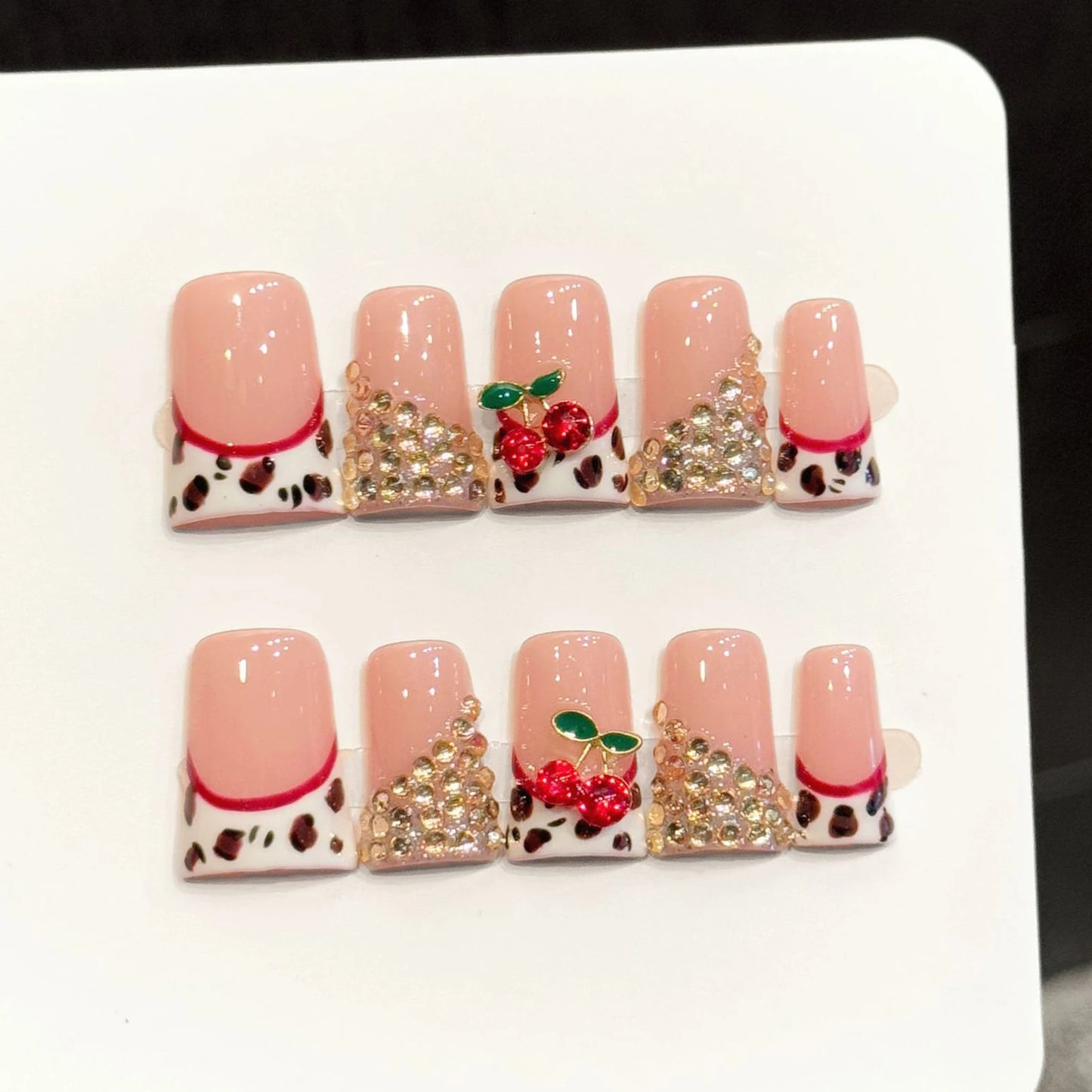 10pcs Short Duckbill Press On Nails – 3D Cherry French Leopard Y2K