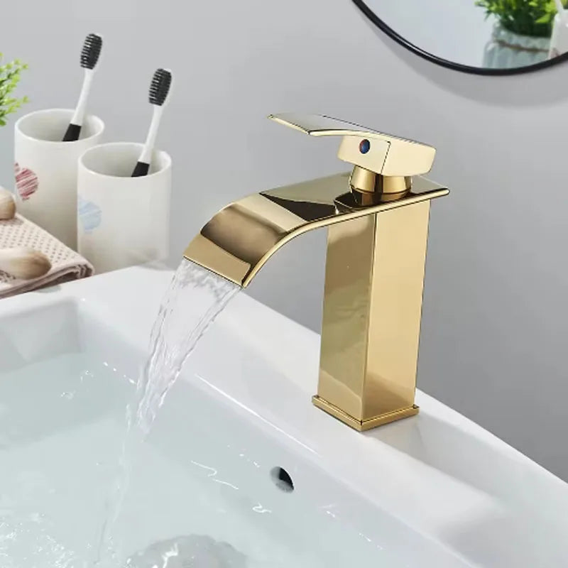 Brushed Gold Waterfall Bathroom Faucet | Single Handle Mixer