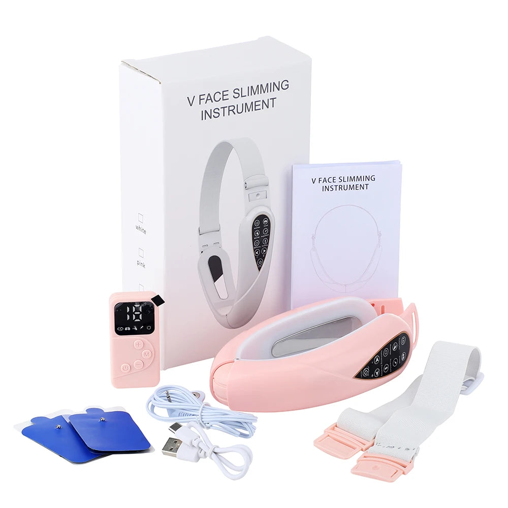 V Face Facial Machine Electric V-Line Up Lift Belt Face Massage LED Face Skin Lifting Firming Beauty Device Double Chin Reducer Peaceful Pleasures Health and Wellness Pink
