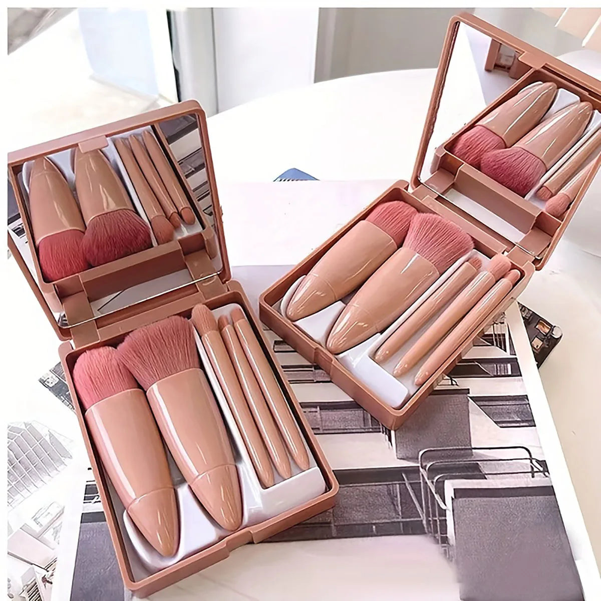 5-Piece Foldable Travel Makeup Brush Set with Mirror