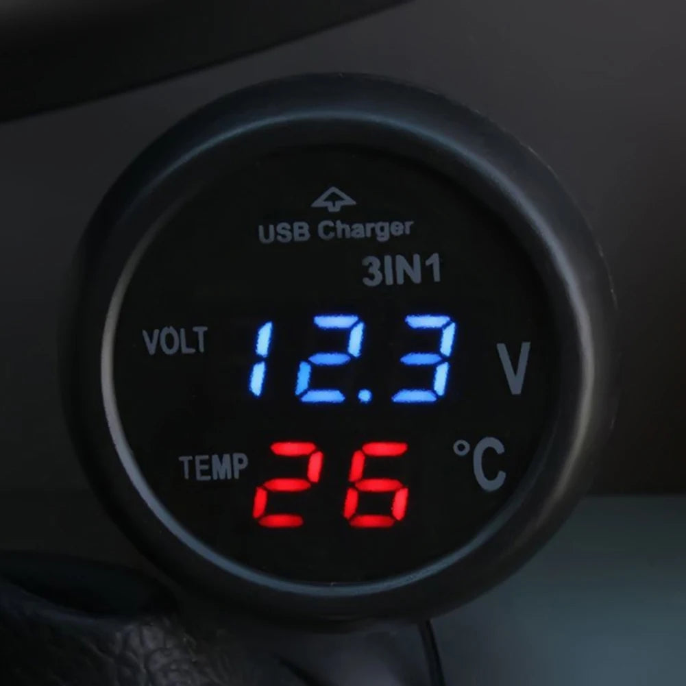 3 in 1 12V/24V Digital LED Car Cigarette Lighter Voltmeter Thermometer Car Truck USB Charger Voltage Current Temperature Meter Peaceful Pleasures Health and Wellness