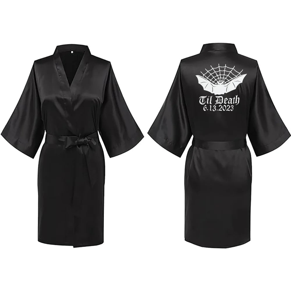 Personalized Black Slasher Robe Till Death Gothic Bat Spider Web Robe Bridal Party Halloween Wedding Scary Bridal Shower Gifts Peaceful Pleasures Health and Wellness