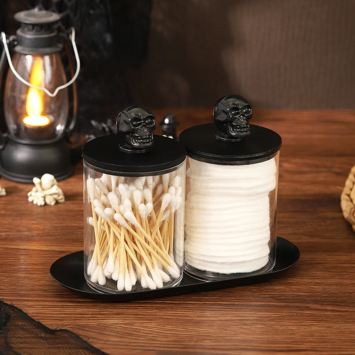 2 Pack Acrylic Apothecary Jars Qtip Holder Dispenser Canisters with Tray, Bathroom Jars Set Cotton Ball Qtip Holder Halloween Peaceful Pleasures Health and Wellness