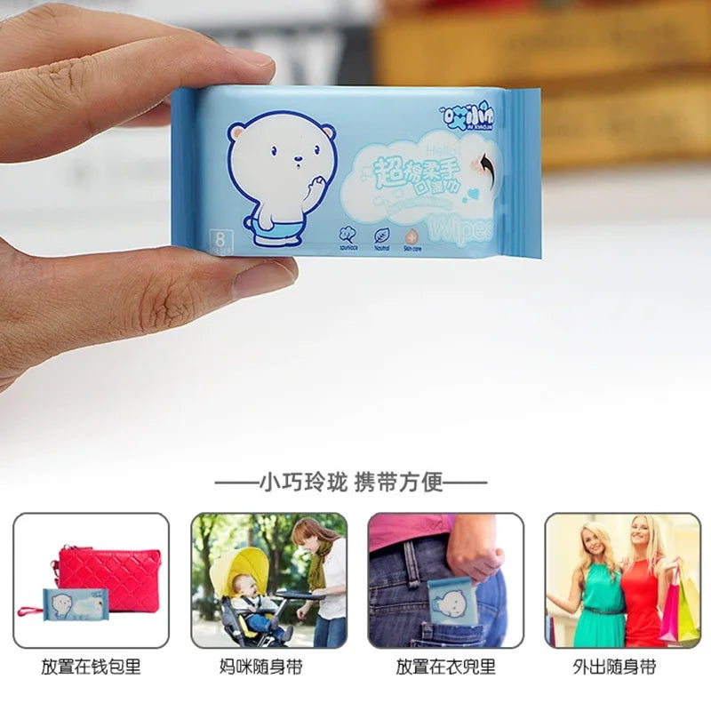 64pcs Disposable Mini Travel Wipes – Hand & Mouth, 8 Packs