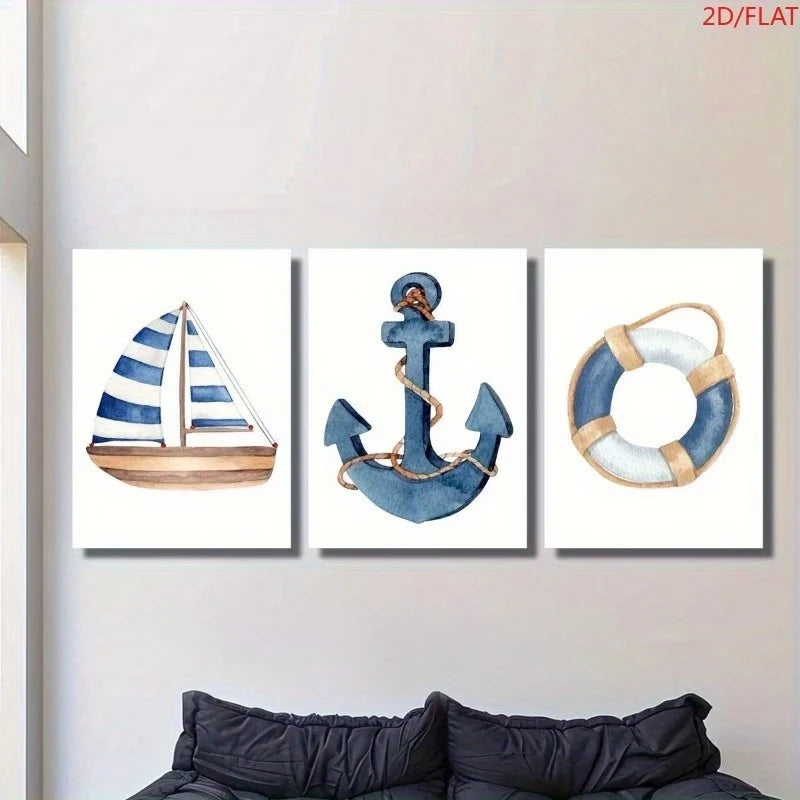 3-Piece Watercolor Sailboat Nautical Canvas Wall Art Set