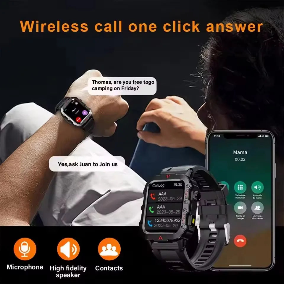Rugged Military Smartwatch – Bluetooth Call, AI Voice, IP68 Sport