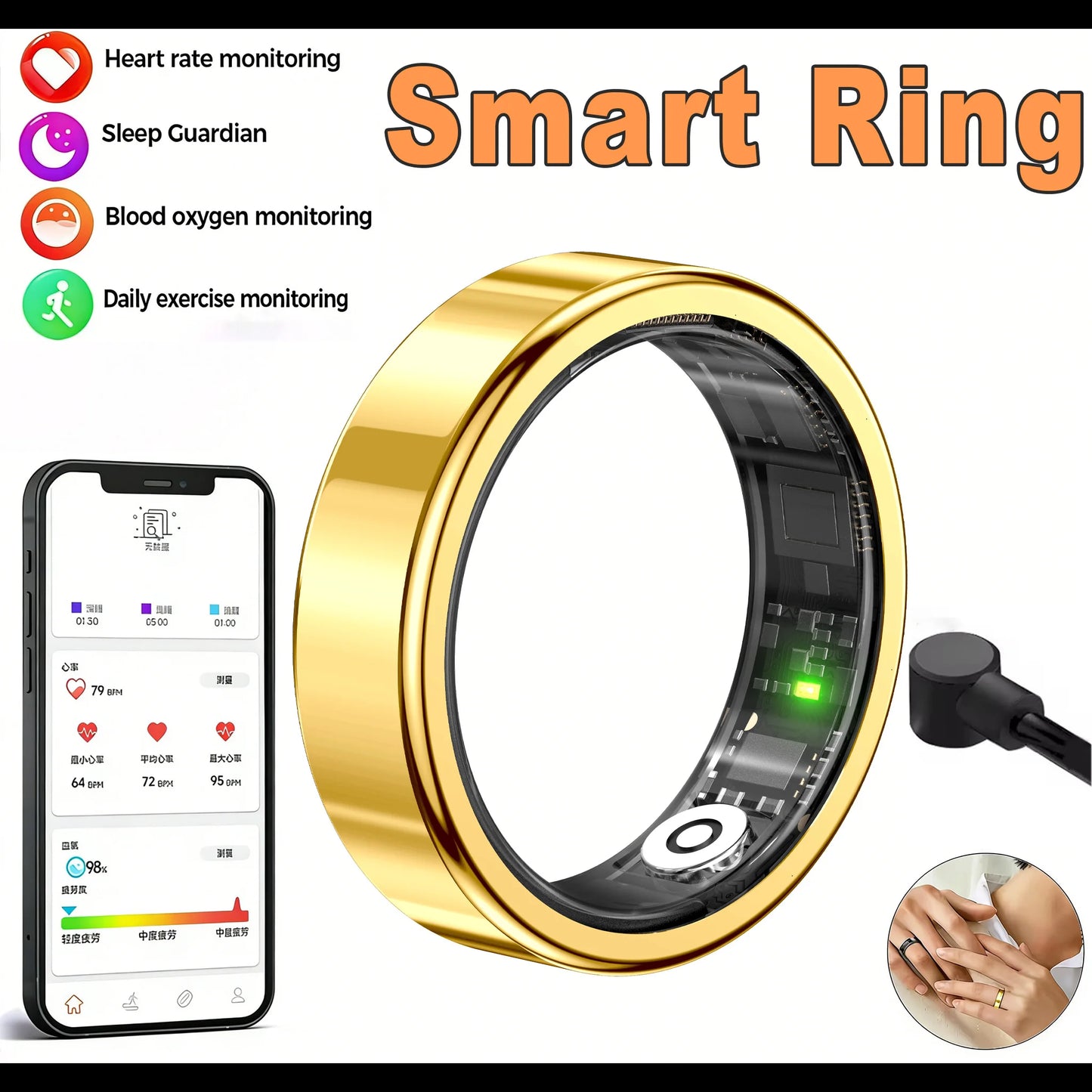 2026 New Smart Ring Men Women, Heart Rate Blood Oxygen and Sleep Monitor Smartring IP68 & 5ATM Waterproof, Multi-sport Mode Ring Peaceful Pleasures Health and Wellness Gold 7