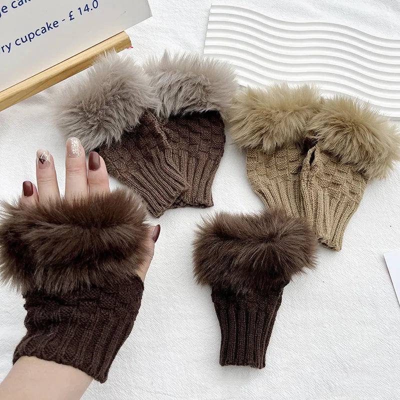Winter Faux Rabbit Fur Warm Knitted Half Finger Gloves Wrist Hand Warmer Gloves Fingerless Mittens Solid Color Soft Touch Gloves Peaceful Pleasures Health and Wellness