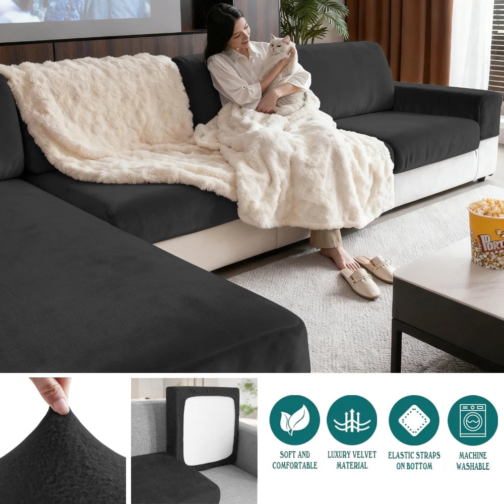 Luxury Soft Velvet Sofa Seat Cover Solid Elastic Sofa Cushion Covers Separate Furniture Protector Sofa Cover Living Room Pets Peaceful Pleasures Health and Wellness Black 3 Seat 150-190cm-1pc