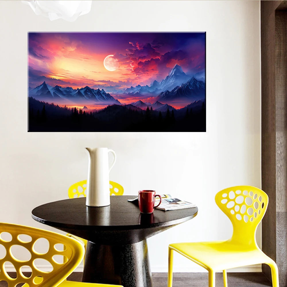 Mountain Landscape Sunset Moon Canvas Wall Art | Home Decor