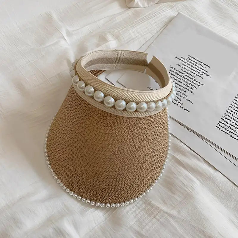 Women's Wide Brim Pearl Straw Sun Hat – Elegant Beach Cap