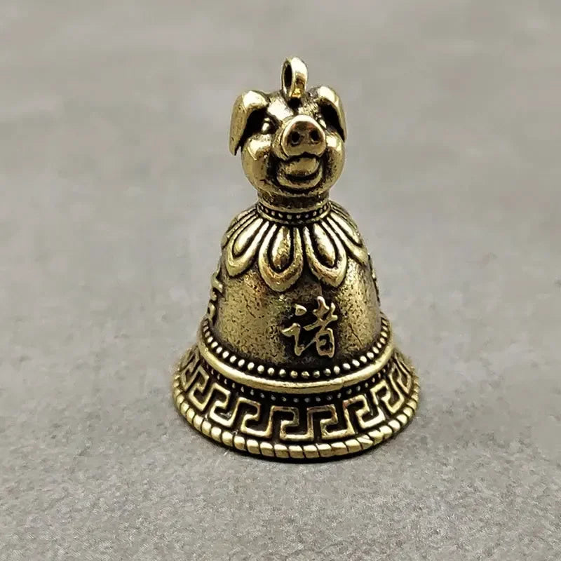 Brass Chinese 12 Zodiac Animals Heads Bell Keychain Pendants Jewelry Vintage Copper Feng Shui Car Key Chain Hanging Keyring Gift Peaceful Pleasures Health and Wellness pig