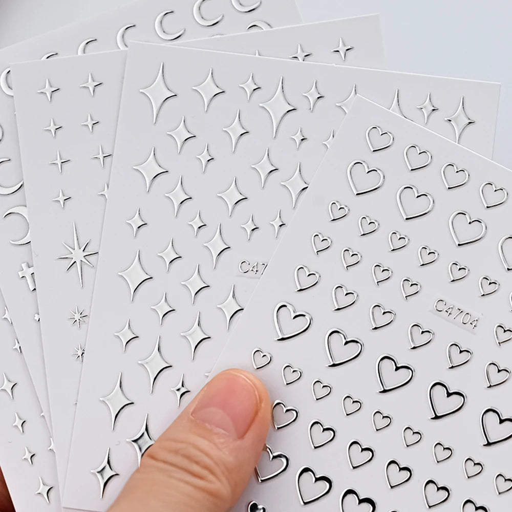 3D Silver Nail Art Stickers – Stars, Hearts & Chain Decals