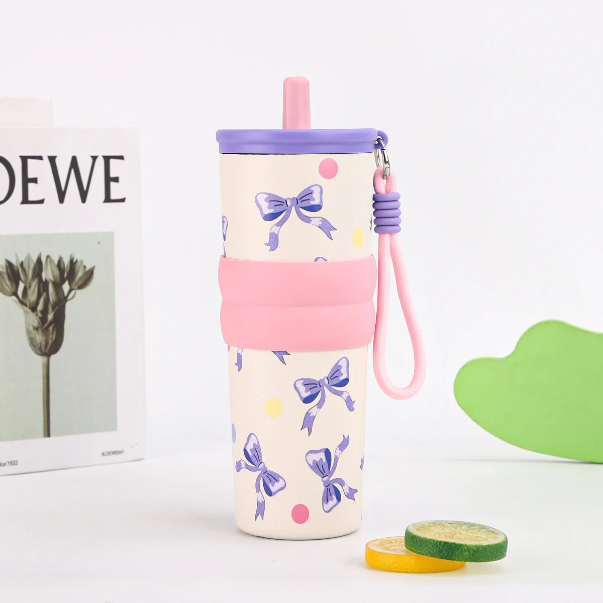 2026 Hot 710ML Printed Bow Vacuum Cup Insulation Or Cooling Stainless Steel Cup With Lifting Rope High-Capacity Insulated Cup Peaceful Pleasures Health and Wellness 710ml Purple