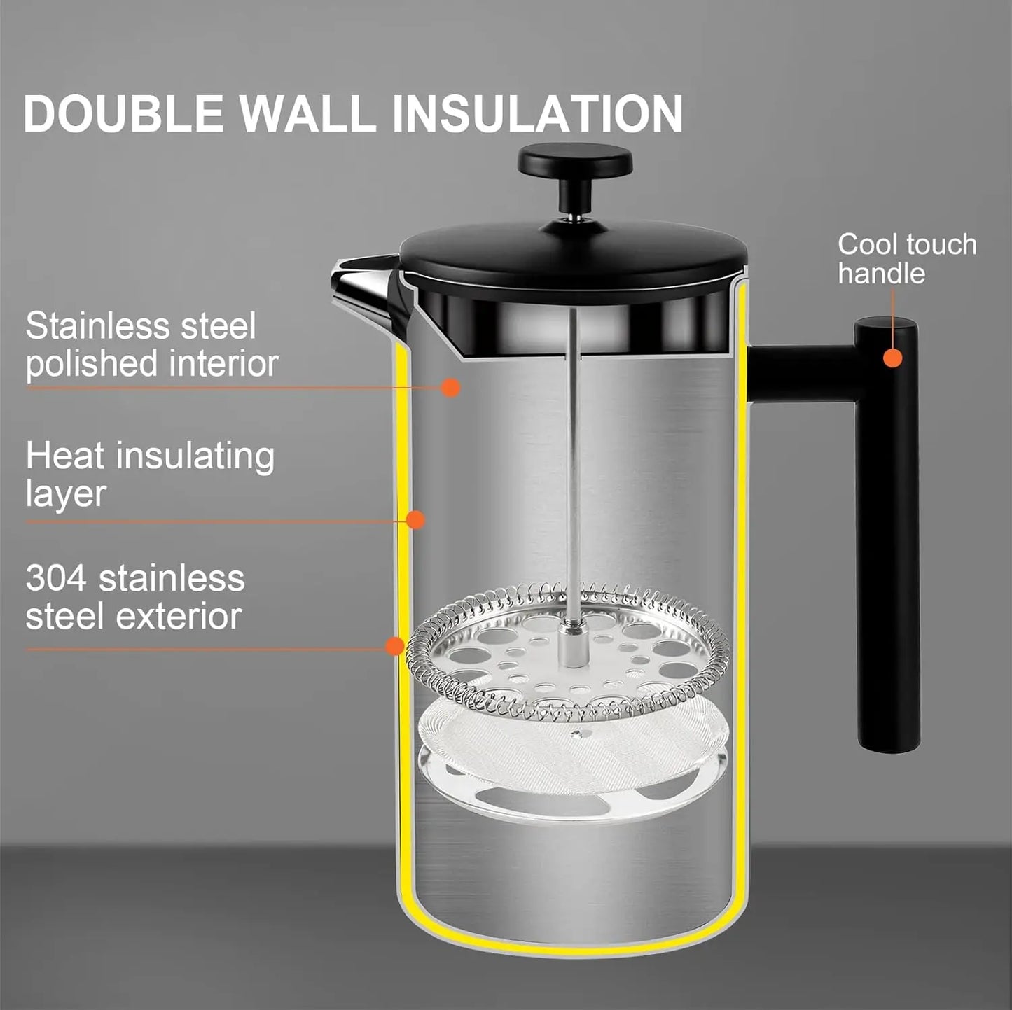 Black French Press Coffee Maker 304 Grade Stainless Steel Insulated Coffee Press with 2 Extra Screens 34oz (1 Litre) Peaceful Pleasures Health and Wellness