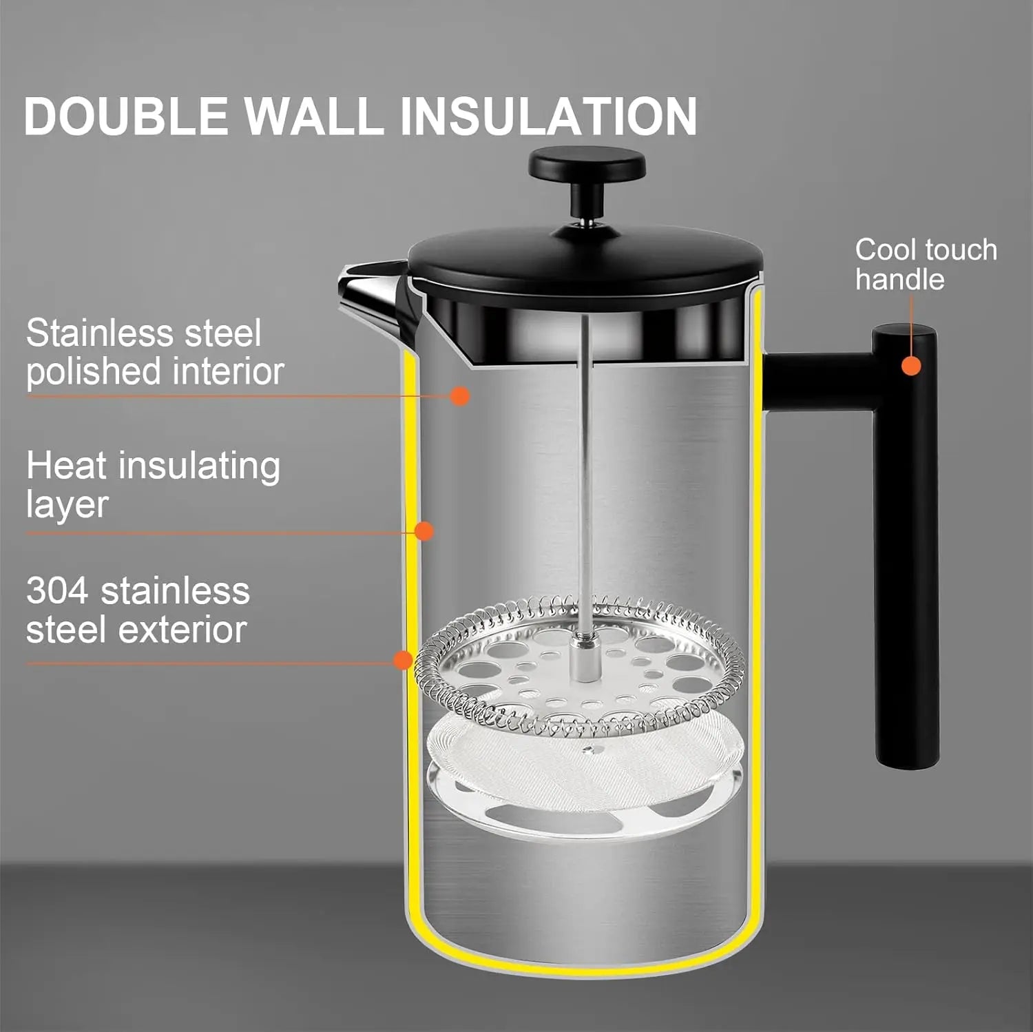 Black French Press Coffee Maker 304 Grade Stainless Steel Insulated Coffee Press with 2 Extra Screens 34oz (1 Litre) Peaceful Pleasures Health and Wellness