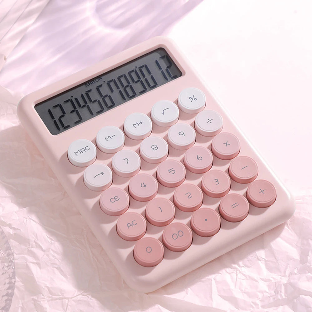 Mechanical Calculator Big Round Button Desktop Calculator 12 Digit Large LCD Display Versatile Calculator Cute Gradient Colored Peaceful Pleasures Health and Wellness Pink