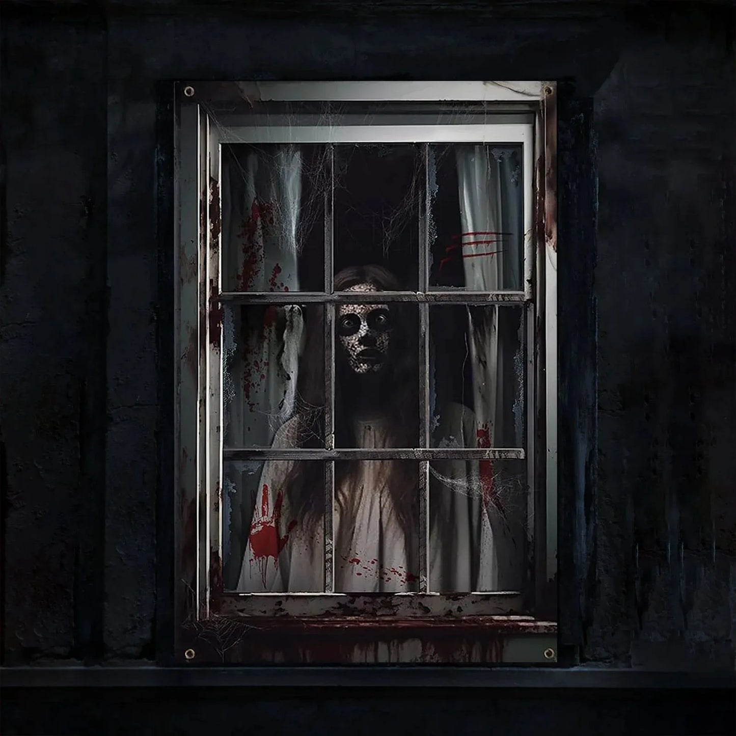 Halloween Window Silhouette Horror Poster – Blood Curtain Decor