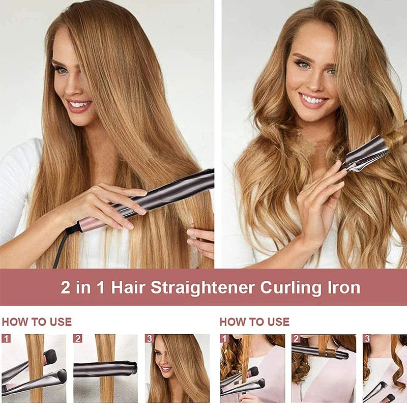 Twisted Hair Curler Straightener LCD Flat Iron Portable 2 in 1 Straightening Curling Iron PTC Fast Heated Flat Iron Peaceful Pleasures Health and Wellness