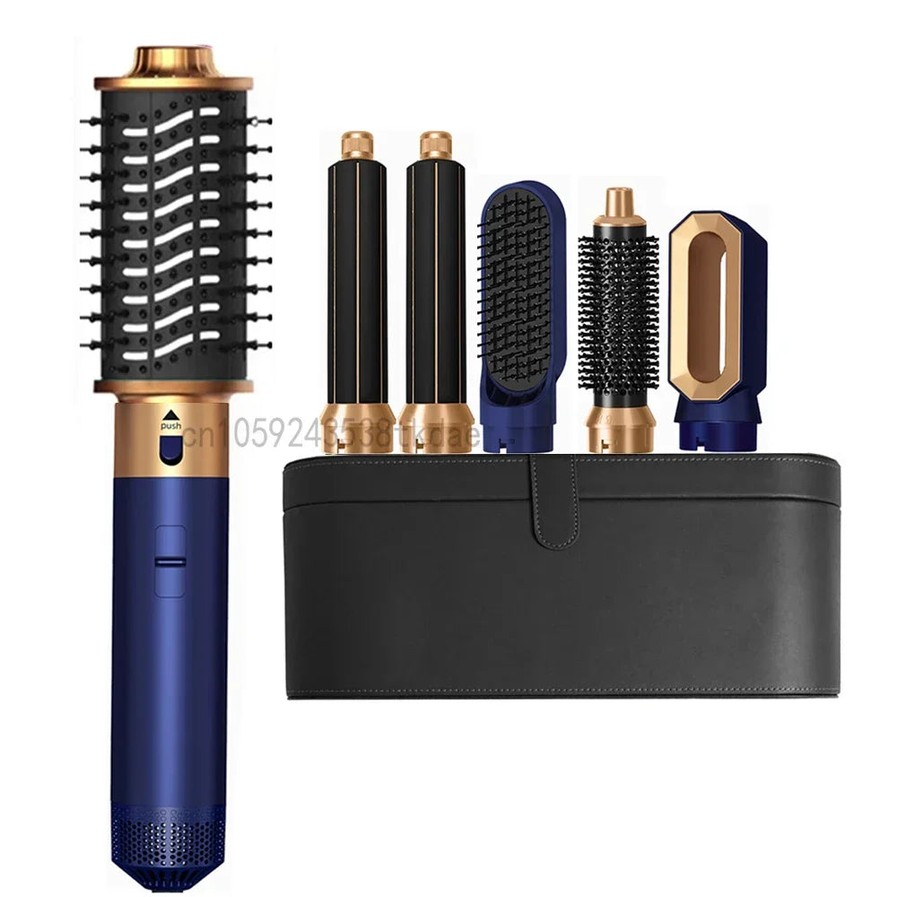 6 in 1 Hair Dryer One-step Hot Air Comb Set Professional Air styling Curling Iron Hair Straightener Styling Tool Hair Dryer Peaceful Pleasures Health and Wellness Blue Gold Set 2 US