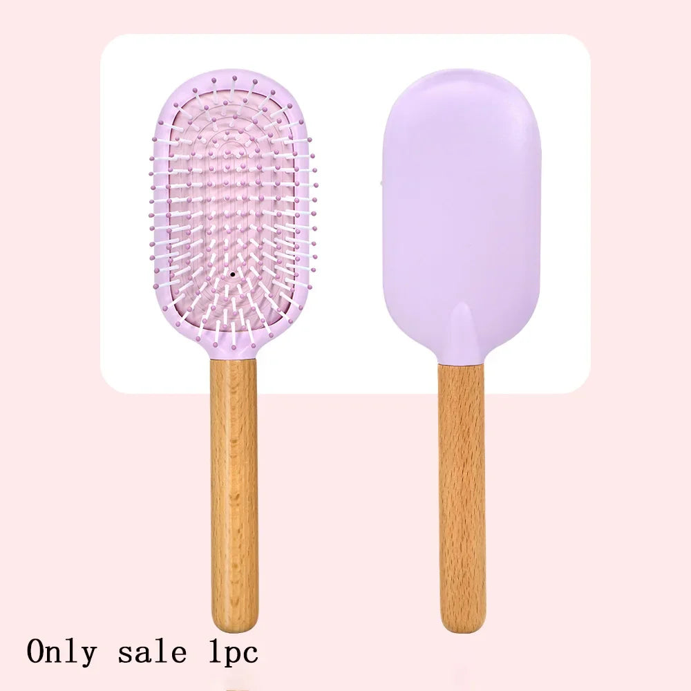 Pastel Air Cushion Hair Brush – Oak Wood Handle & Soft Bristles