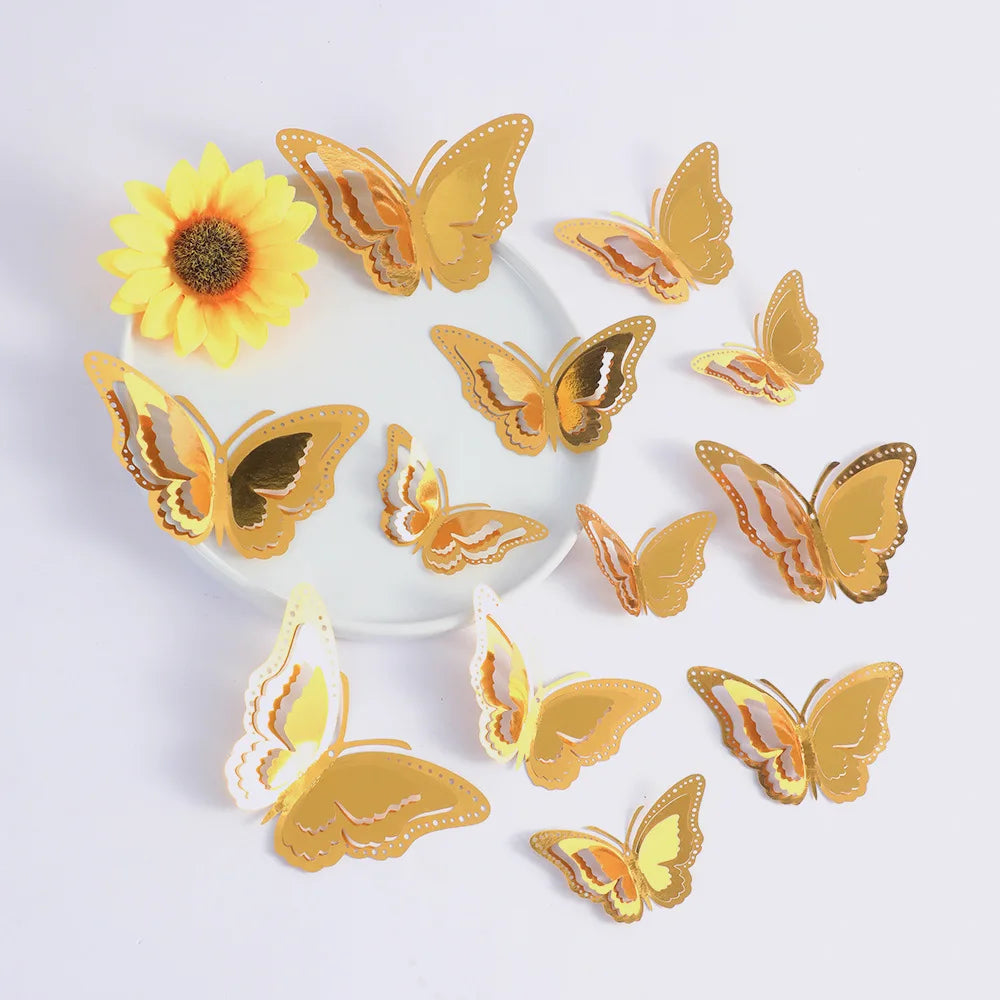 12pcs 3D Hollow Layered Butterfly Wall Sticker Gold Decorative Butterfly Home Decor Fridge DIY Party Wedding Sticker 3D Stickers Peaceful Pleasures Health and Wellness Gold 12pcs