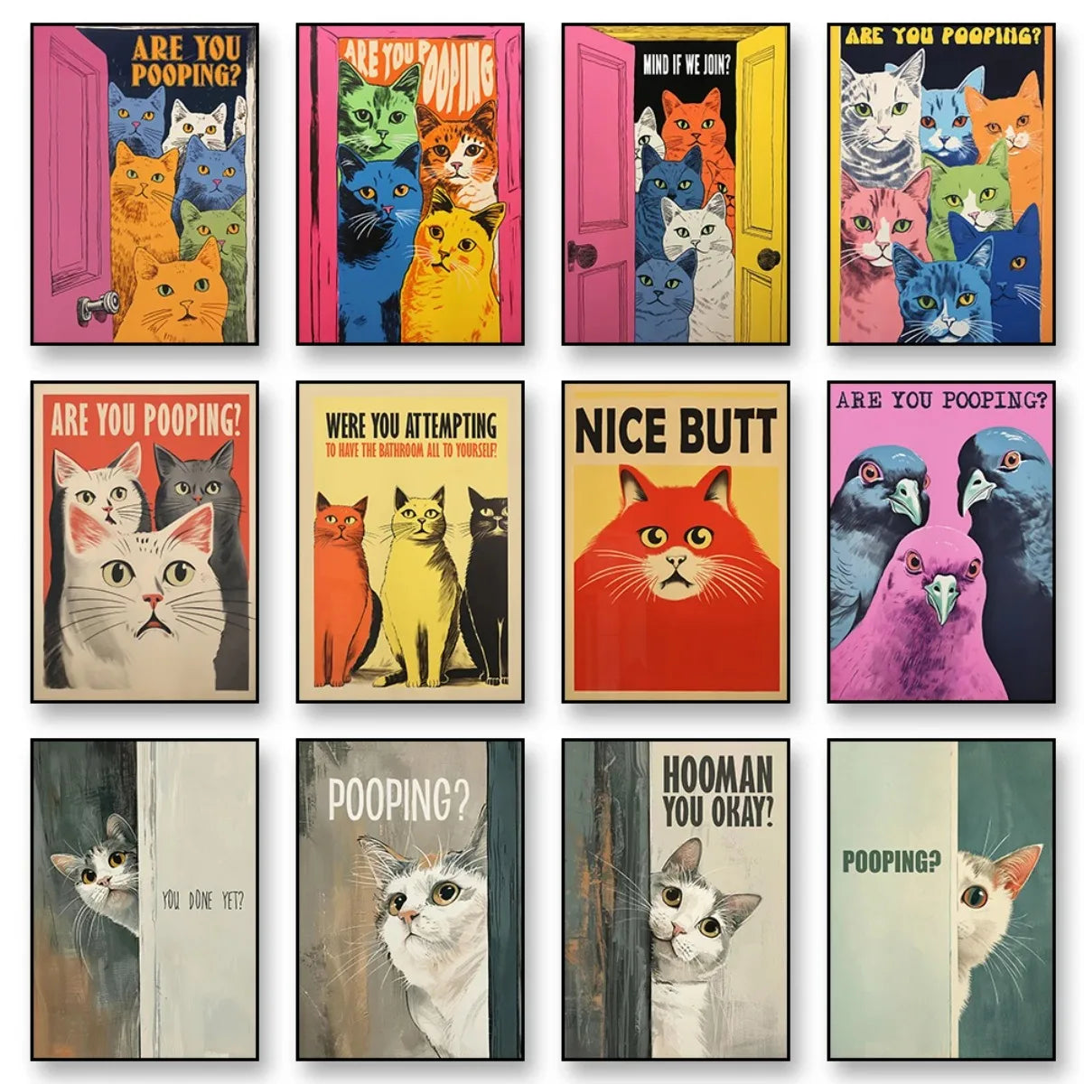 Are You Pooping Funny Cat Canvas Print Poster Whimsical Animal Abstract Art Prints Wash Room Bathroom Wall Art Home Decor Poster Peaceful Pleasures Health and Wellness