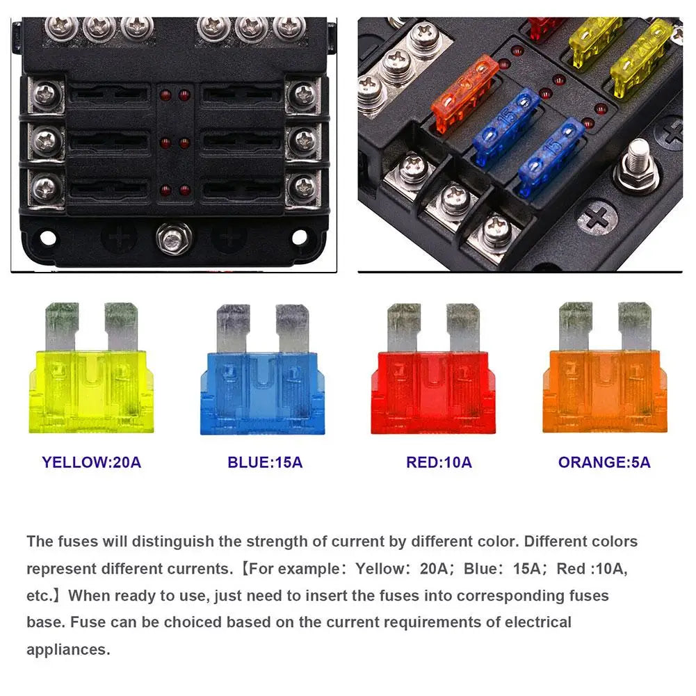 6/12 Way Fuse Box LED Indicator 12V–32V Power Distribution Panel