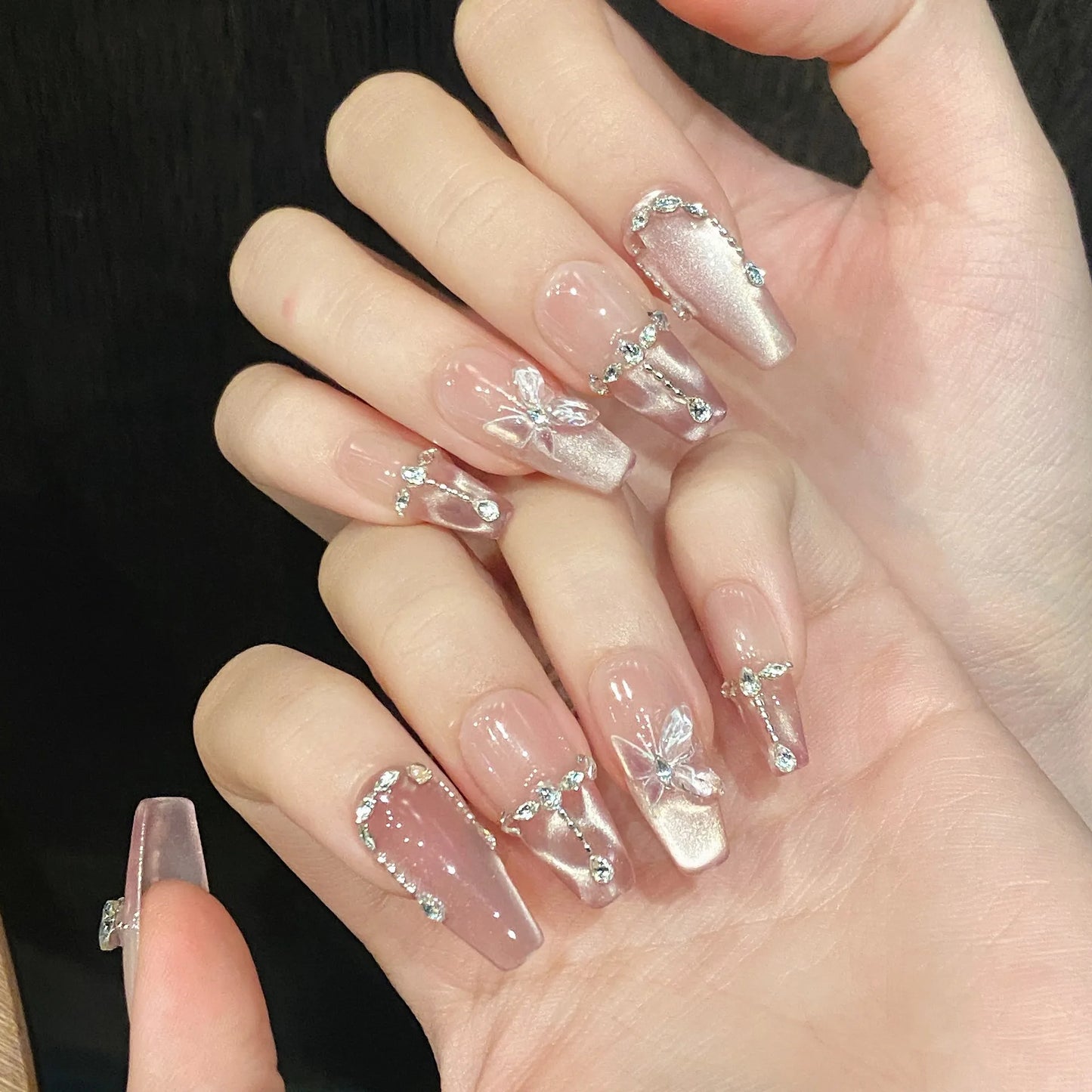 10pcs Handmade Press on Nails Pink Butterfly Design Fake Nails Wearable Reusable Glitter Cat Eye Sweet Korean False Nail Tips Peaceful Pleasures Health and Wellness