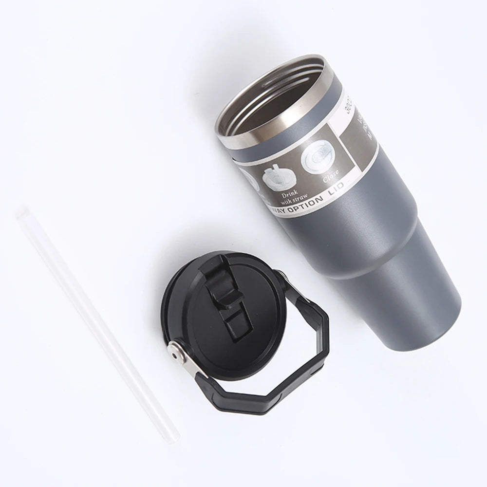 30OZ Portable Car Cup Stainless Steel Thermos Cup with Straw Travel Sports Water Bottle With Handle Cover Coffee Vacuum Flask Peaceful Pleasures Health and Wellness