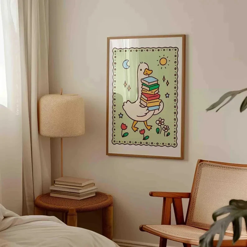 Silly Goose Reads Cartoon Canvas Wall Art Print | Home Decor
