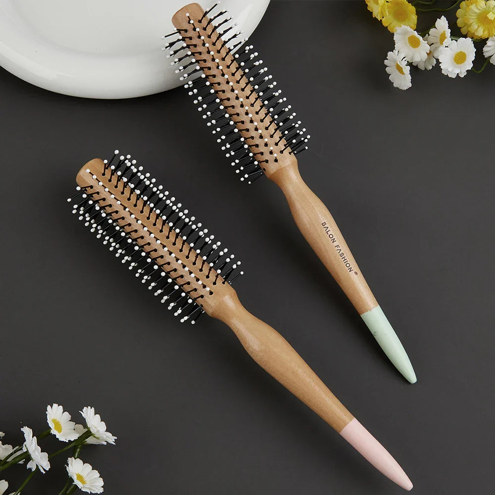 Natural Wood Round Curling Brush – Anti-Static Nylon Bristles