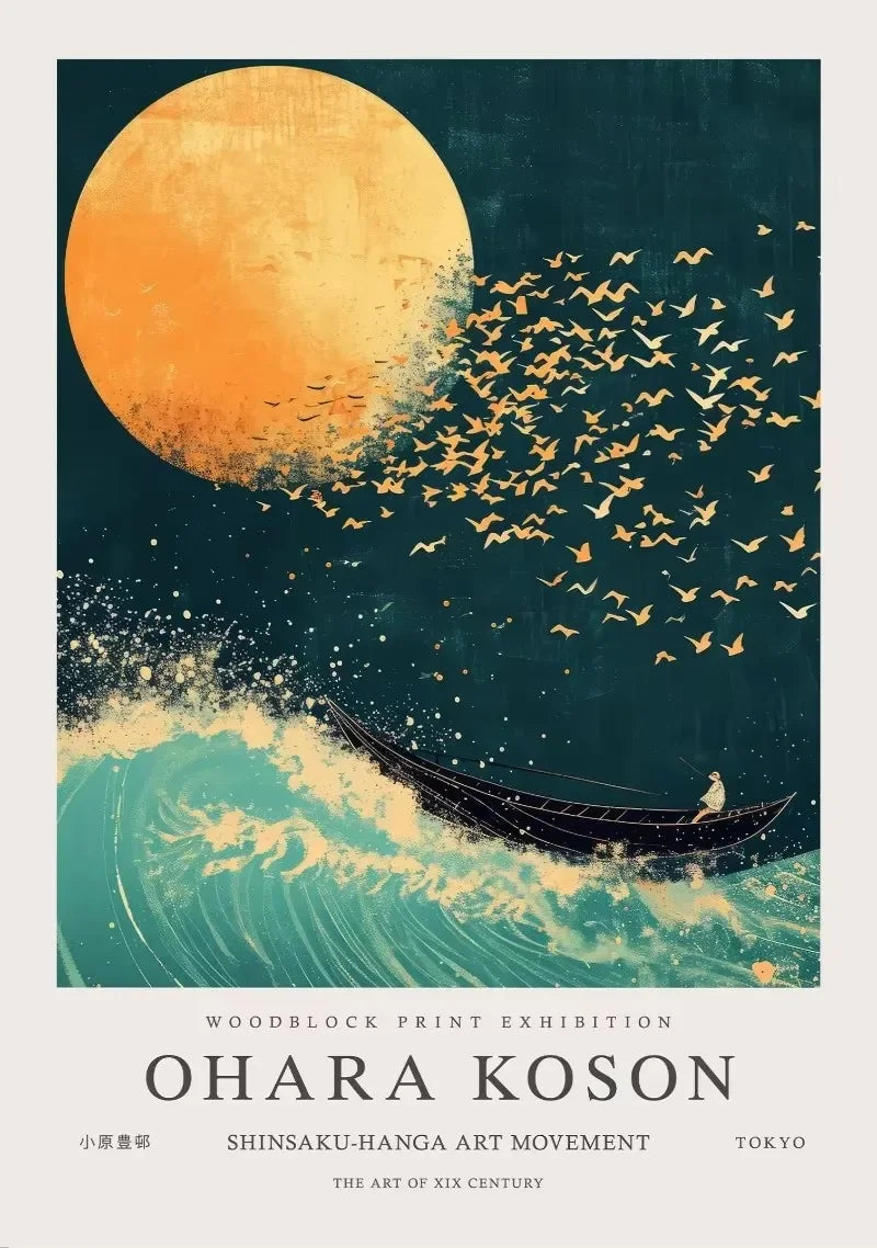 William Morris Whale & Peacock Retro Sunset Canvas Wall Art